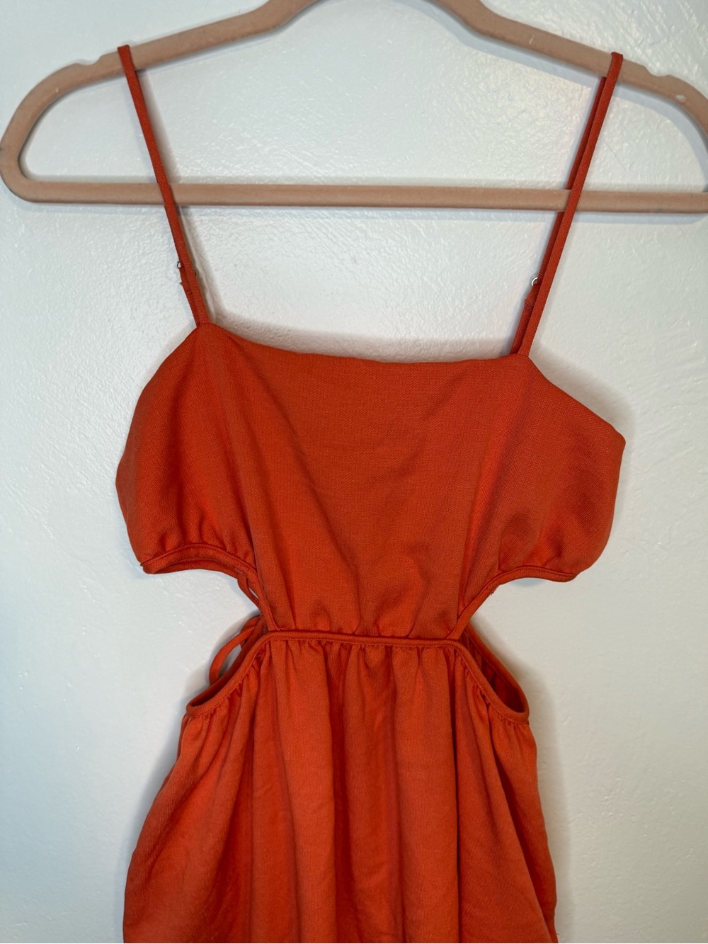 Line & Dot Coral Orange Cutout Midi Dress XS Pockets Adjustable Straps - Picture 3 of 13